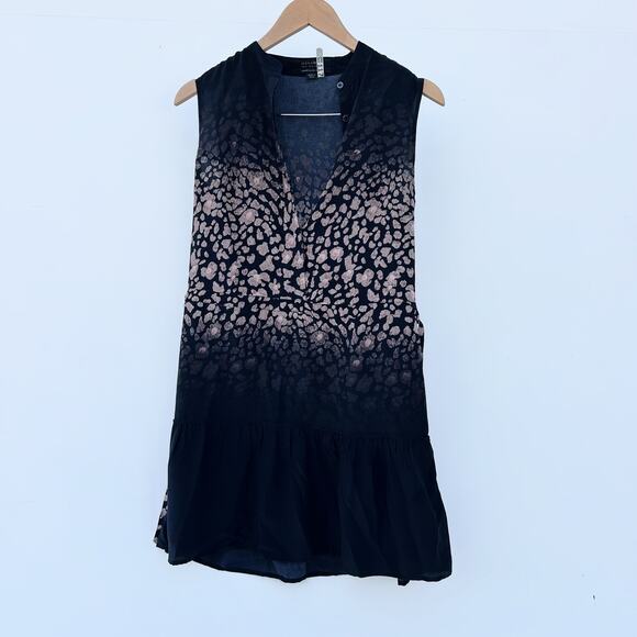 AllSaints Leopard Silk Mini Dress Black Ruffle Tiered Tank Style 2 Short - Picture 2 of 7